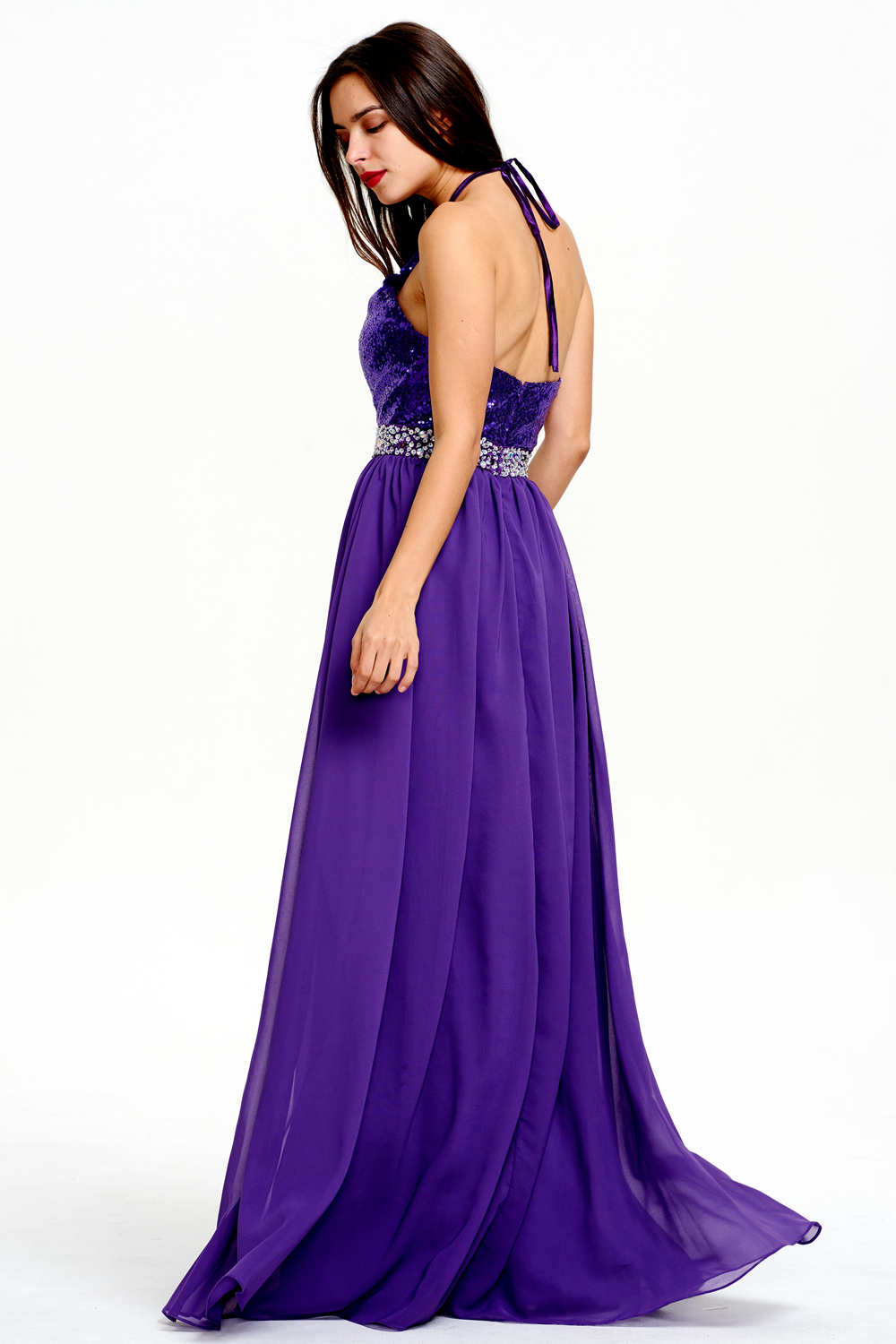 Open-Back Sequin and Chiffon Halter A-Line Prom Dress
