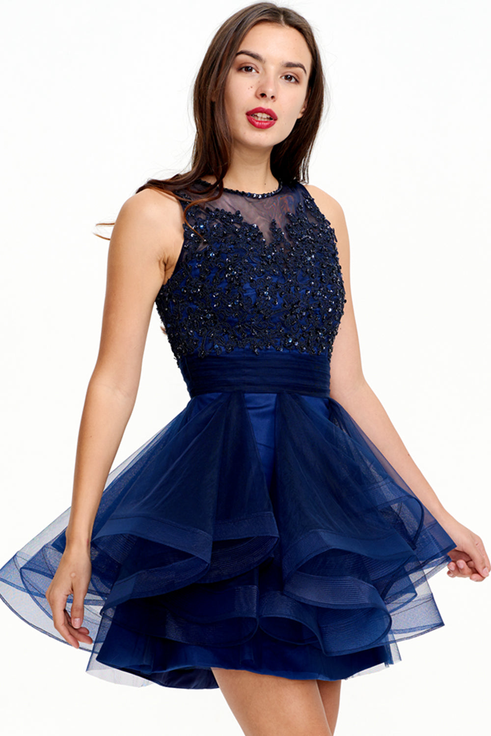 Scoop Neck Sleeveless Lace Appliques Beading Tulle Homecoming Dress