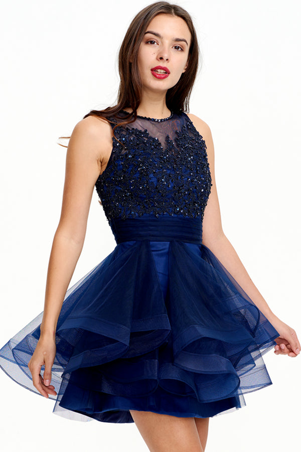 Navy Tiered Tulle A-Line Homecoming Dress with Illusion Lace Bodice