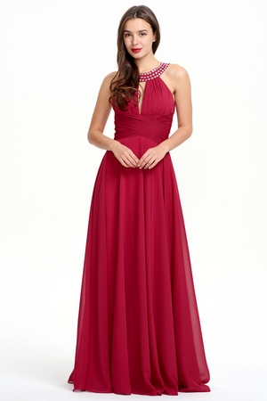 Burgundy Halter Chiffon A-Line Evening Dress with Keyhole Neckline