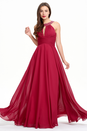 Burgundy Halter Chiffon A-Line Evening Dress with Keyhole Neckline