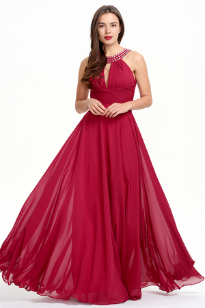 Burgundy Halter Chiffon A-Line Evening Dress with Keyhole Neckline