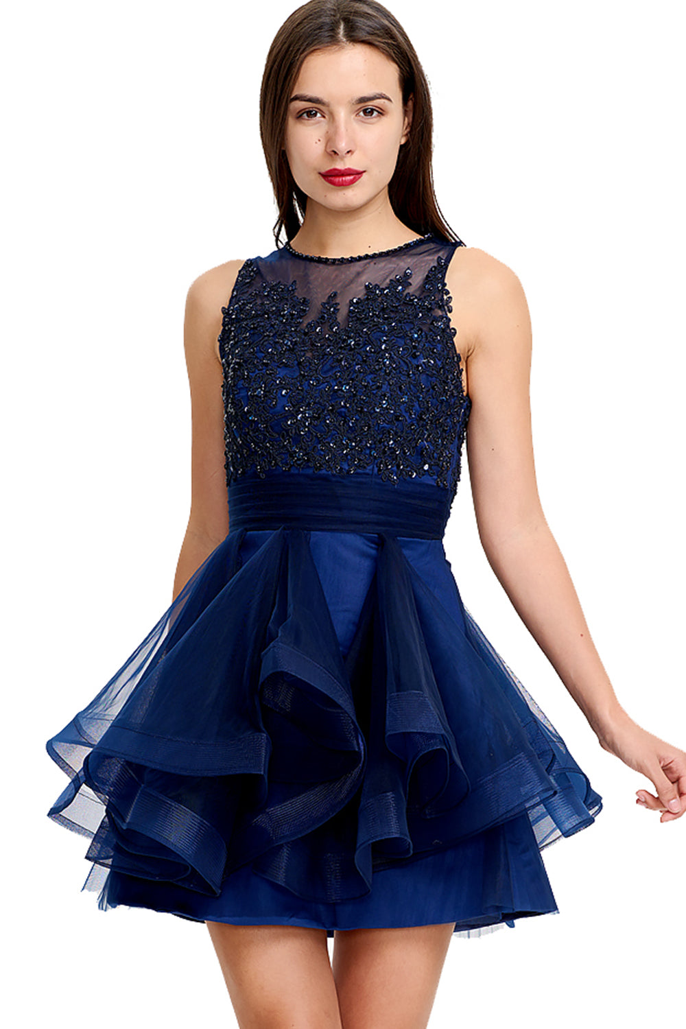 Scoop Neck Sleeveless Lace Appliques Beading Tulle Homecoming Dress
