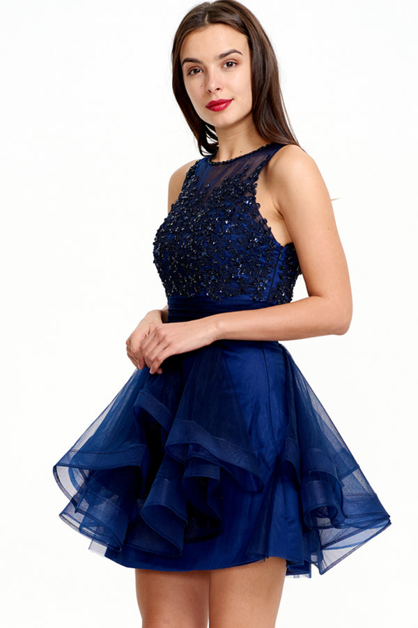 Navy Tiered Tulle A-Line Homecoming Dress with Illusion Lace Bodice
