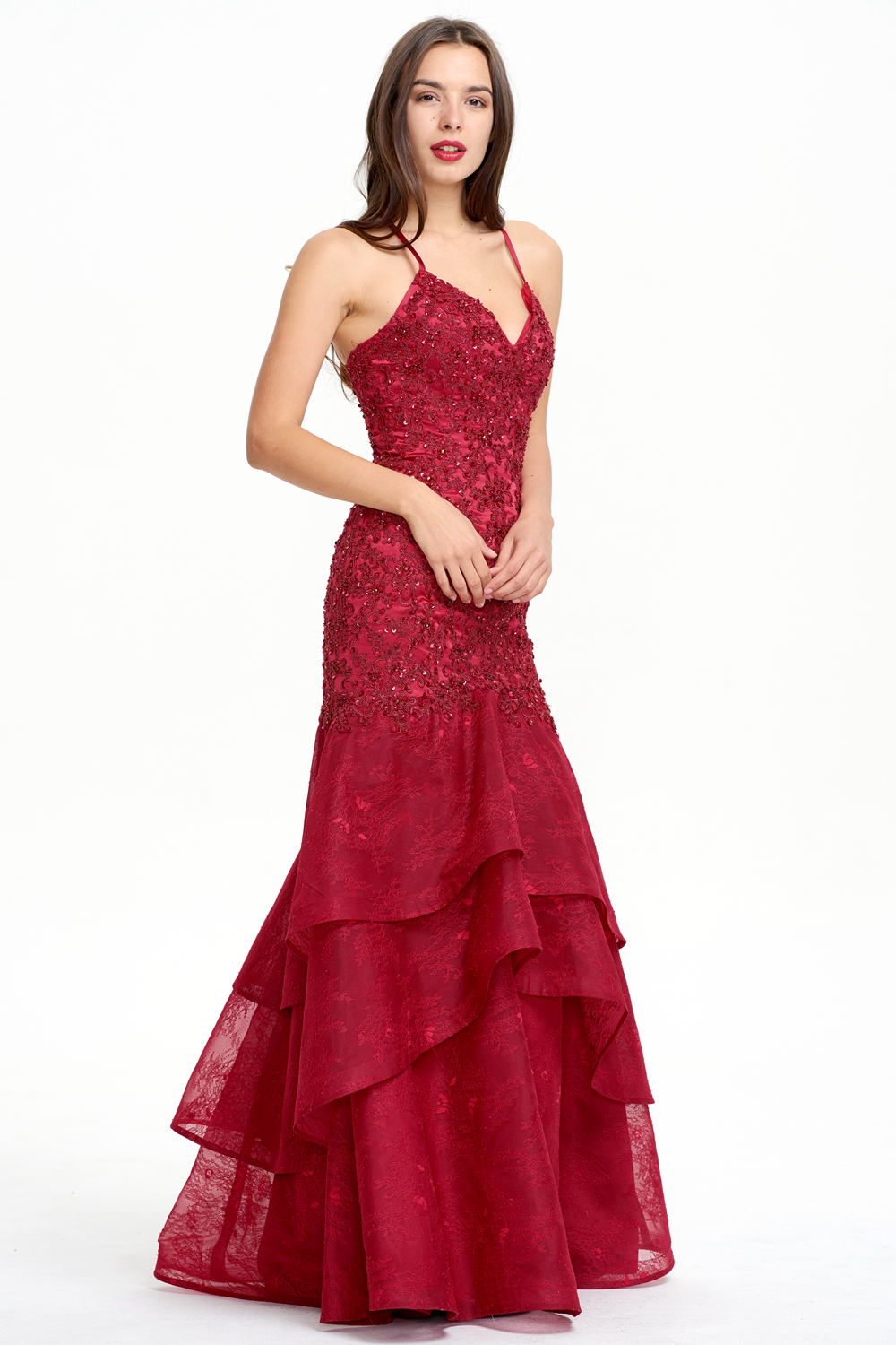 Lace-Applique Tulle Mermaid Prom Dress with Tiered Ruffles