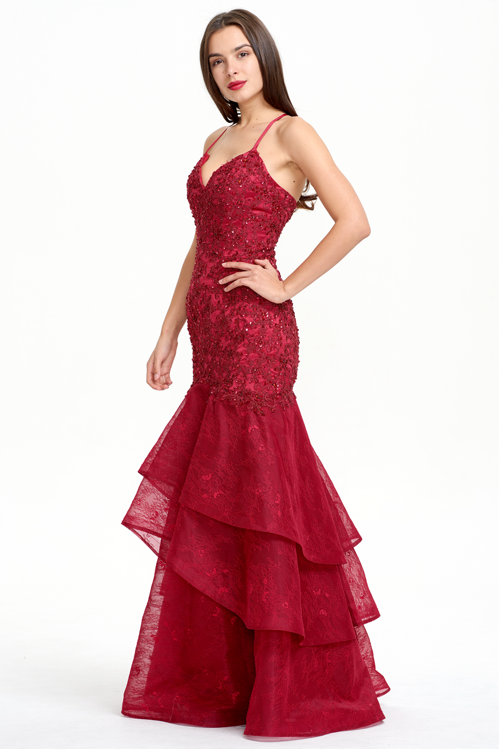 Lace-Applique Tulle Mermaid Prom Dress with Tiered Ruffles