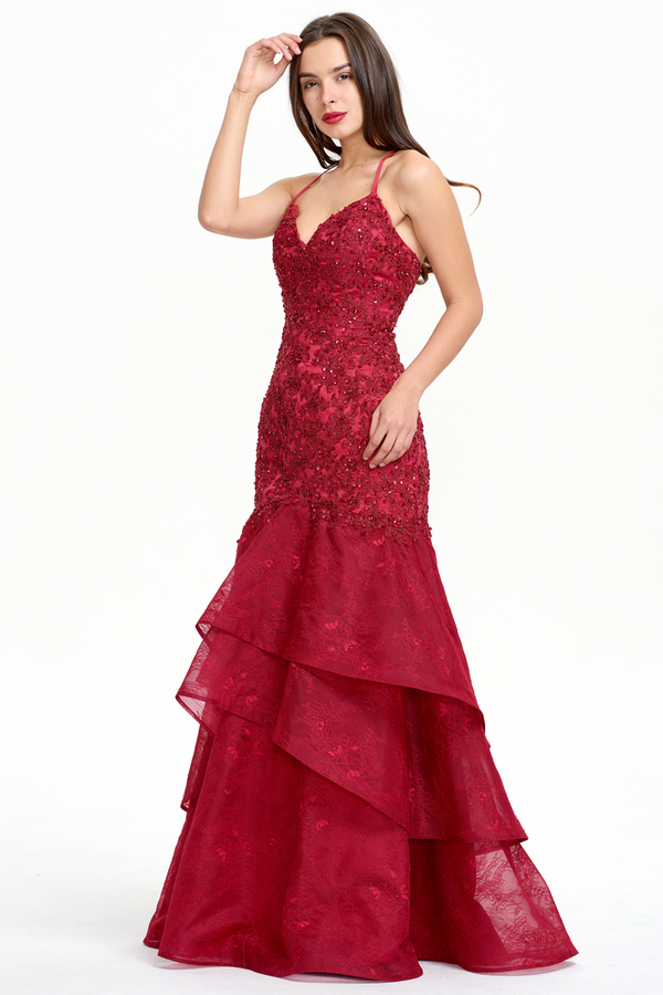 Burgundy Lace-Applique Tulle Mermaid Prom Dress with Tiered Ruffles