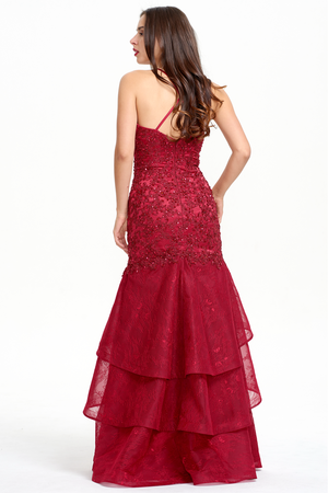 Burgundy Lace-Applique Tulle Mermaid Prom Dress with Tiered Ruffles