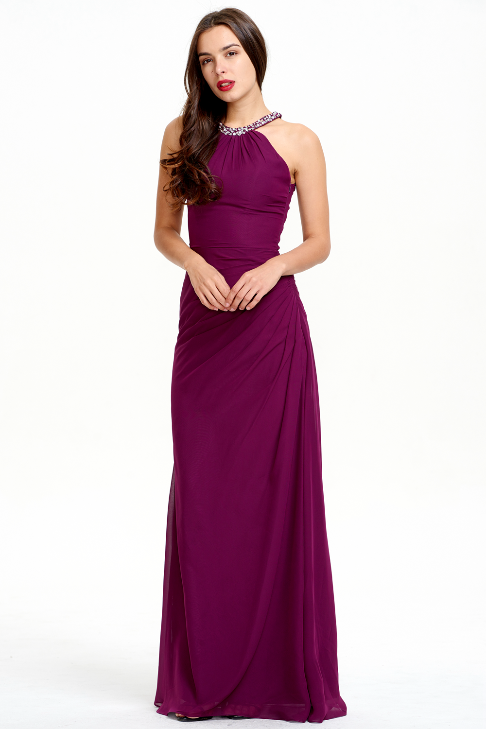 Ruched Halter Chiffon Sheath Bridesmaid Dress