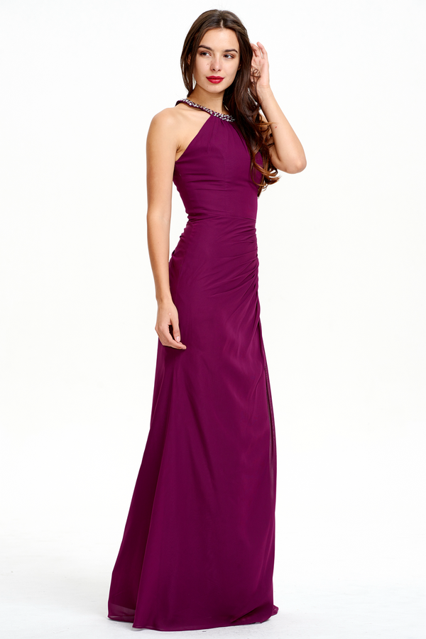 Ruched Halter Chiffon Sheath Bridesmaid Dress