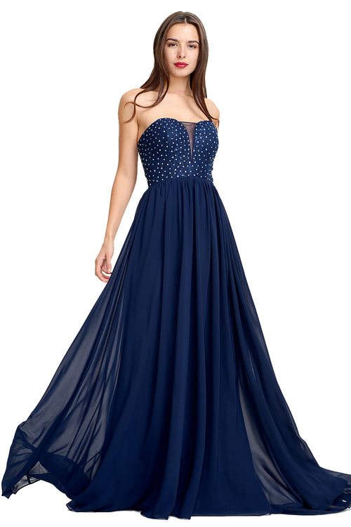 Navy Strapless Plunging Chiffon A-Line Evening Gown