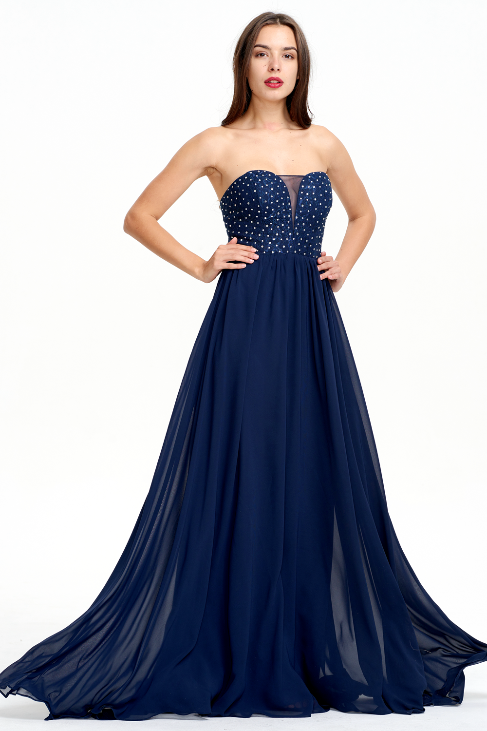 Strapless Plunging Chiffon A-Line Evening Gown