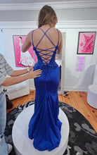 Deep V-neck Spaghetti Strap Lace Appliques Slit Blue Prom/Evening Dress