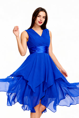 Royal Blue Tiered Chiffon A-Line Homecoming Dress with Handkerchief Hem