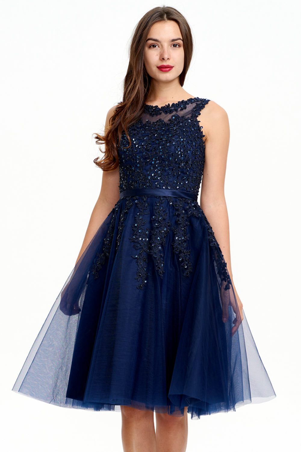 A-Line Scoop Neck Knee Length Tulle Homecoming Dress With Beading Secondary image