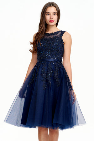 Illusion-Back Lace-Applique Tulle A-Line Homecoming Dress