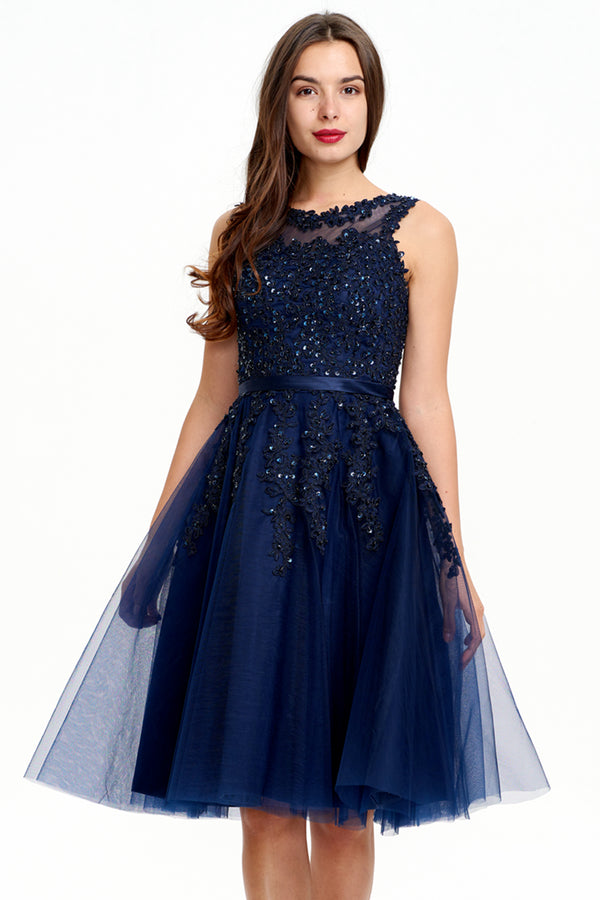 Illusion-Back Lace-Applique Tulle A-Line Homecoming Dress