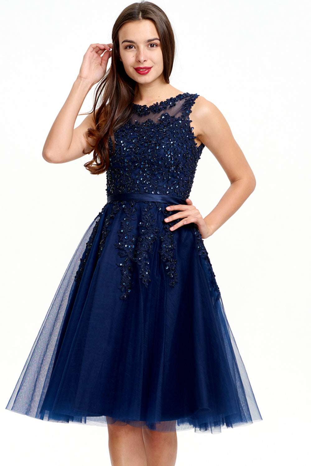 Illusion-Back Lace-Applique Tulle A-Line Homecoming Dress