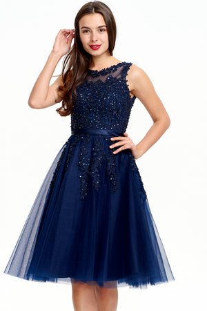 Illusion-Back Lace-Applique Tulle A-Line Homecoming Dress