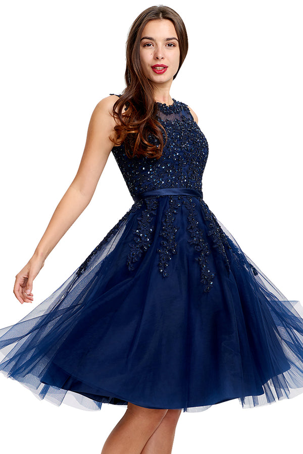 Illusion-Back Lace-Applique Tulle A-Line Homecoming Dress