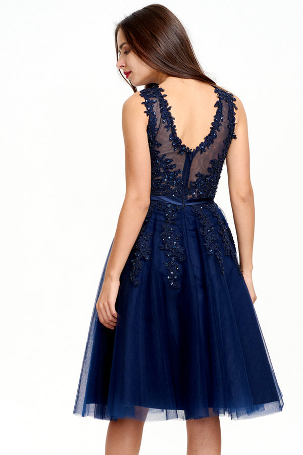 Illusion-Back Lace-Applique Tulle A-Line Homecoming Dress