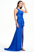 One Shoulder Sleeveless Slim Fit Satin Evening Dress With High Slit