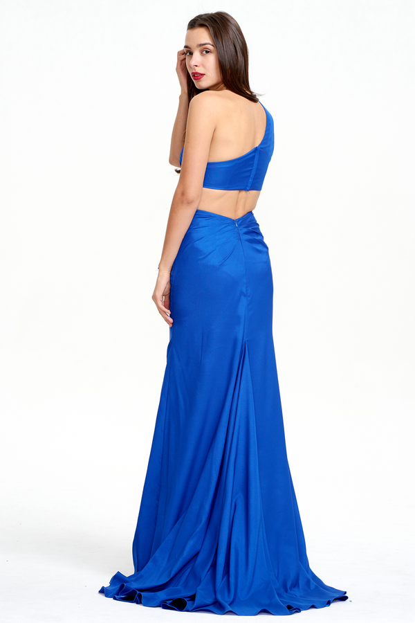 One-Shoulder Stretch Satin Sheath Evening Gown with Ruffle Slit and Back Cutout