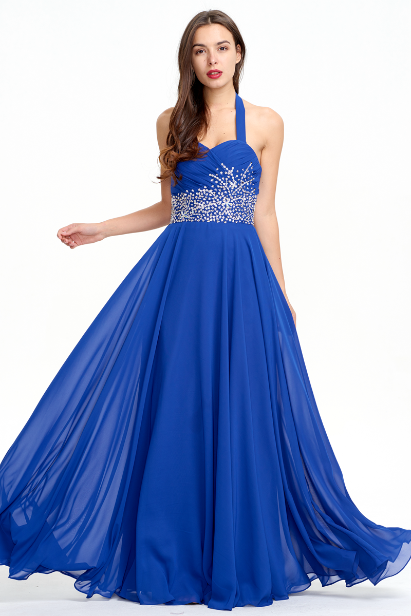 Open-Back Beaded Halter Chiffon A-Line Prom Dress