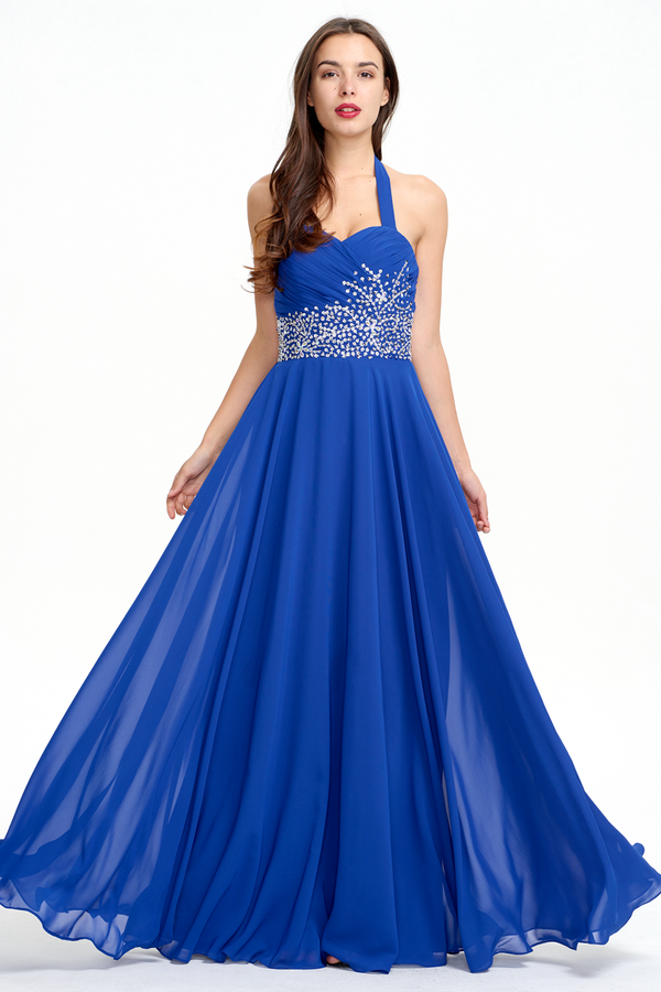 Royal Blue Open-Back Beaded Halter Chiffon A-Line Prom Dress