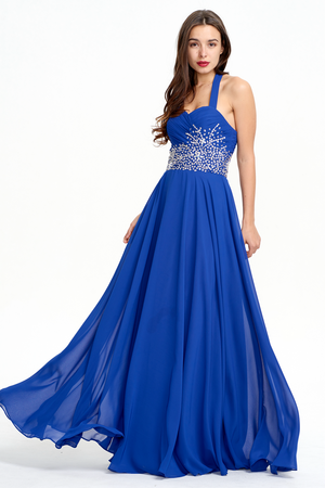 Royal Blue Open-Back Beaded Halter Chiffon A-Line Prom Dress