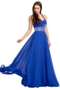Royal Blue Open-Back Beaded Halter Chiffon A-Line Prom Dress