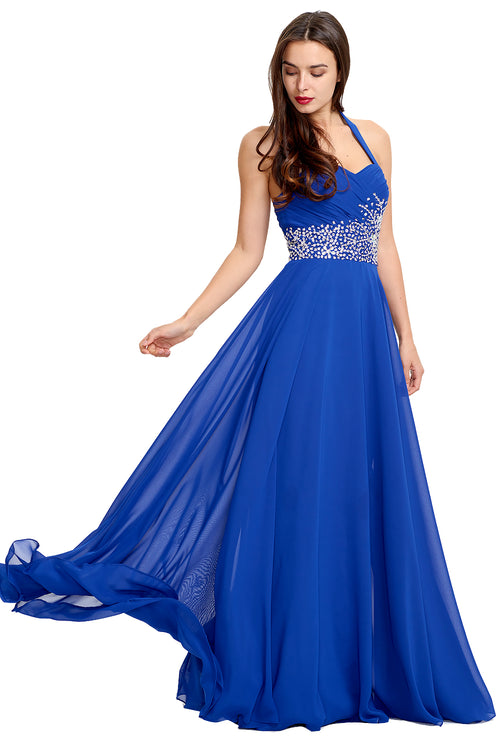 Royal Blue Open-Back Beaded Halter Chiffon A-Line Prom Dress