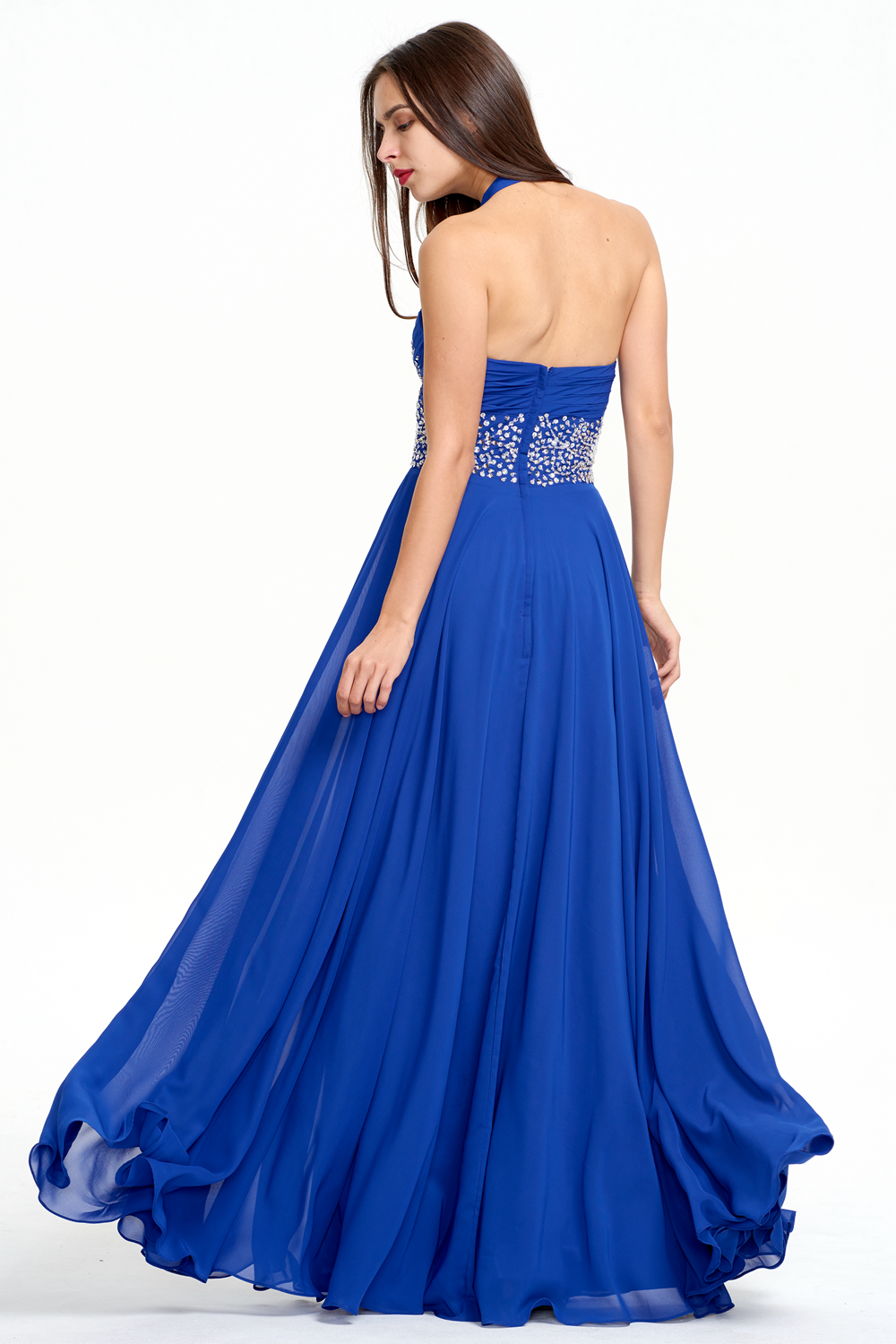 Open-Back Beaded Halter Chiffon A-Line Prom Dress