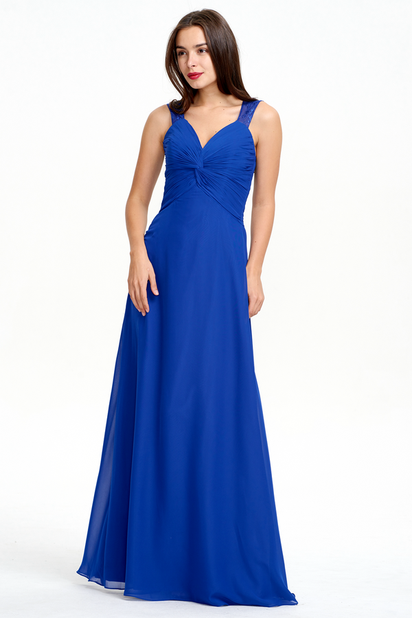 Royal Blue Twist-Front Chiffon A-Line Bridesmaid Dress with Lace Back