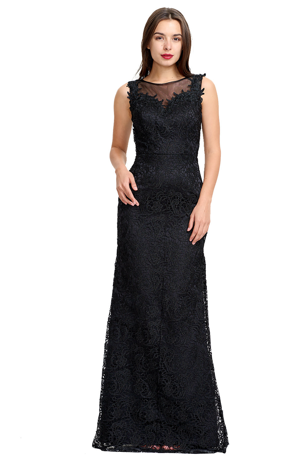 Sheath Scoop Sleeveless Long Lace Appliques Evening Dresses