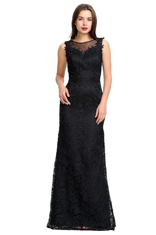 Black Lace Sheath Evening Gown with Illusion Neckline and Low Back