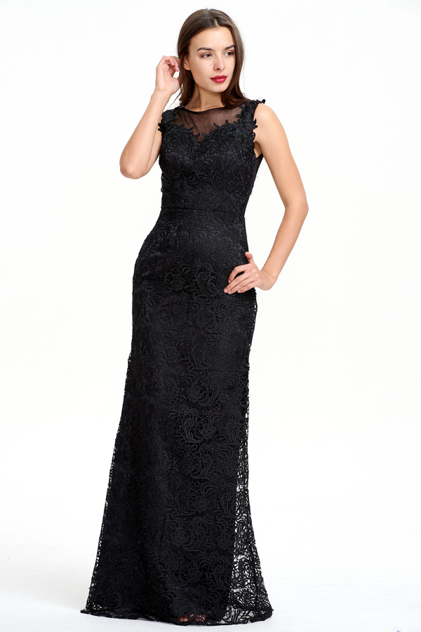 Black Lace Sheath Evening Gown with Illusion Neckline and Low Back