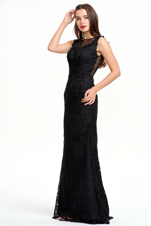 Black Lace Sheath Evening Gown with Illusion Neckline and Low Back