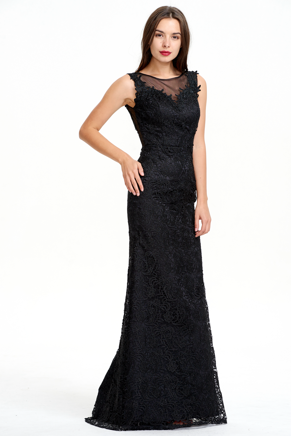Lace Sheath Evening Gown with Illusion Neckline and Low Back
