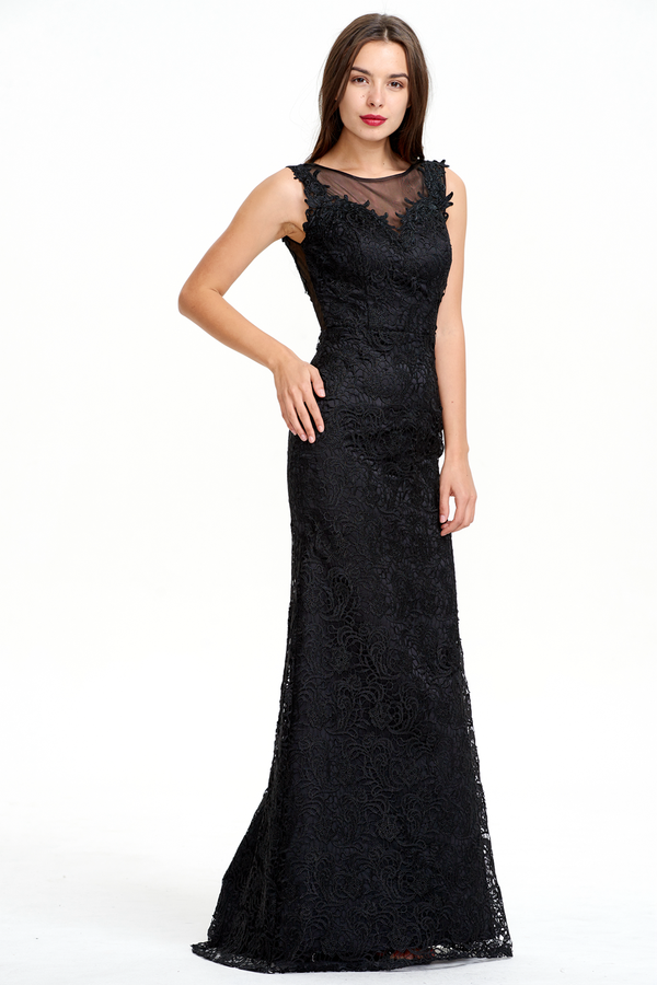 Black Lace Sheath Evening Gown with Illusion Neckline and Low Back