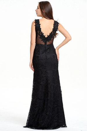 Black Lace Sheath Evening Gown with Illusion Neckline and Low Back