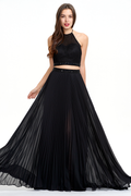 Black Open-Back Two-Piece Pleated Chiffon A-Line Prom Dress