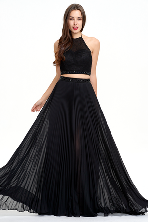 Black Open-Back Two-Piece Pleated Chiffon A-Line Prom Dress
