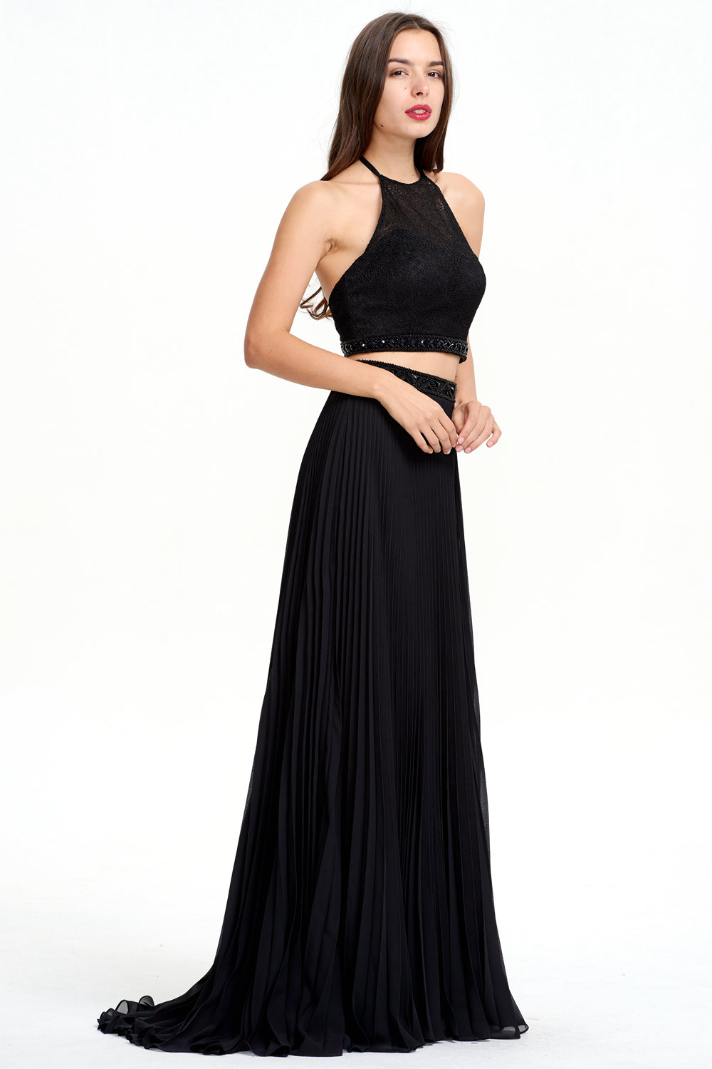 Open-Back Two-Piece Pleated Chiffon A-Line Prom Dress