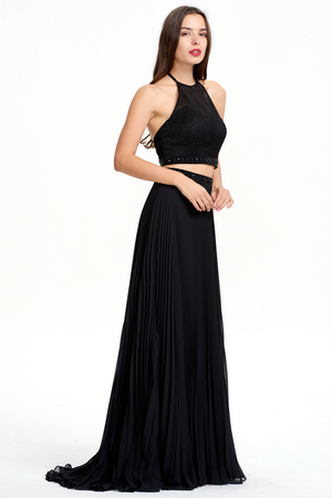 Black Open-Back Two-Piece Pleated Chiffon A-Line Prom Dress