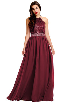 Burgundy Open-Back Sequin and Chiffon Halter A-Line Prom Dress