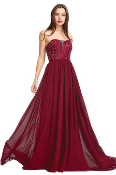Burgundy Strapless Plunging Chiffon A-Line Evening Gown