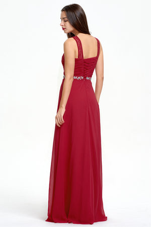 Burgundy Ruched Chiffon A-Line Evening Dress with Illusion Neckline