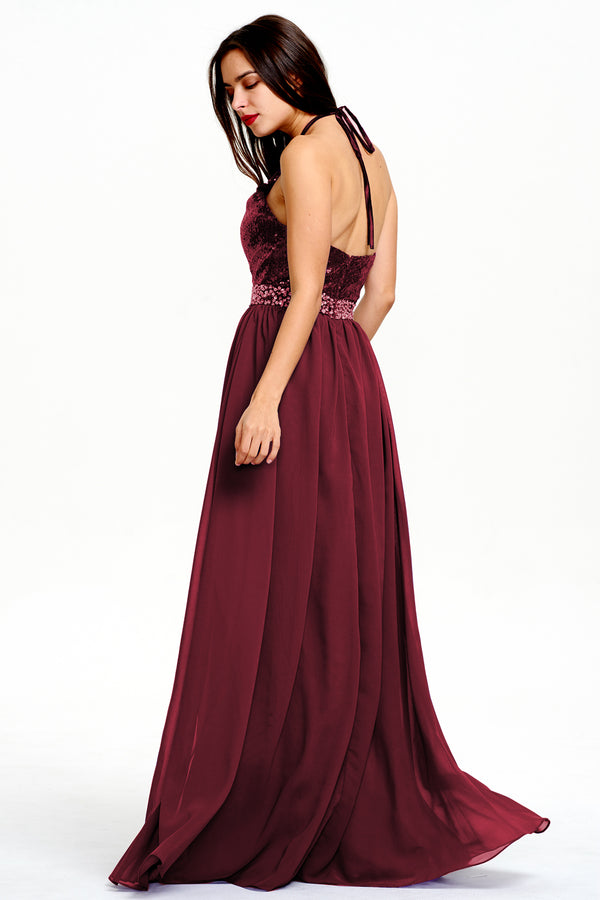 Burgundy Open-Back Sequin and Chiffon Halter A-Line Prom Dress