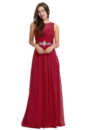 Burgundy Ruched Chiffon A-Line Evening Dress with Illusion Neckline